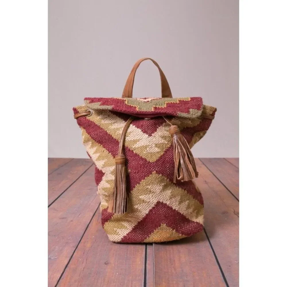 Lovestitch Wine Carpet Backpack Ikat Jute Leather Tassel Boho Festival Bag